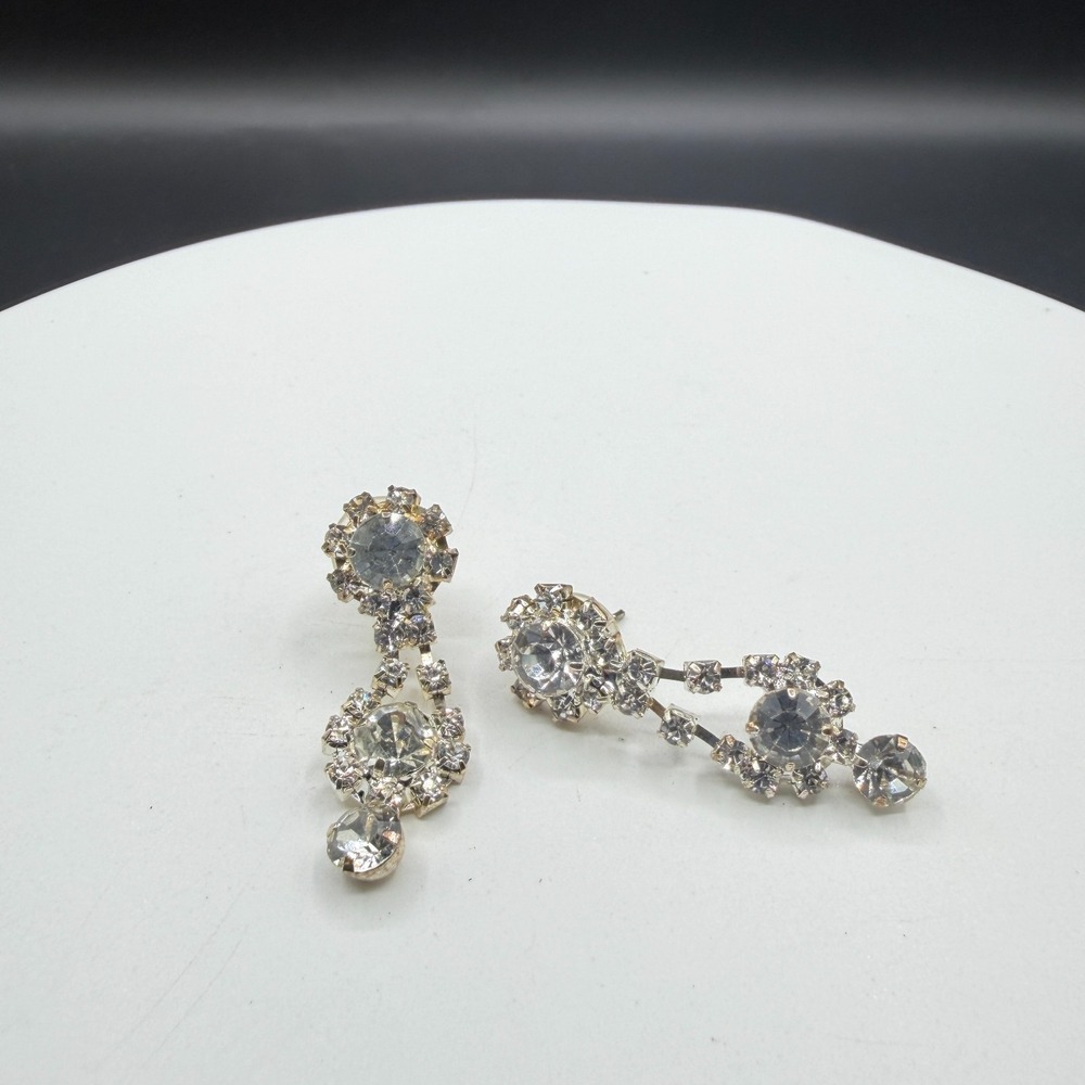 Clear Rhinestone Dangle Earrings Silver Tone Bridal Statement Costume Jewelry